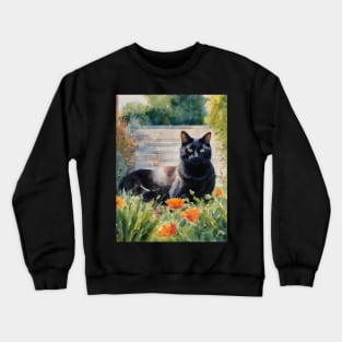 Black Cat In Garden Watercolour Cat Art Crewneck Sweatshirt